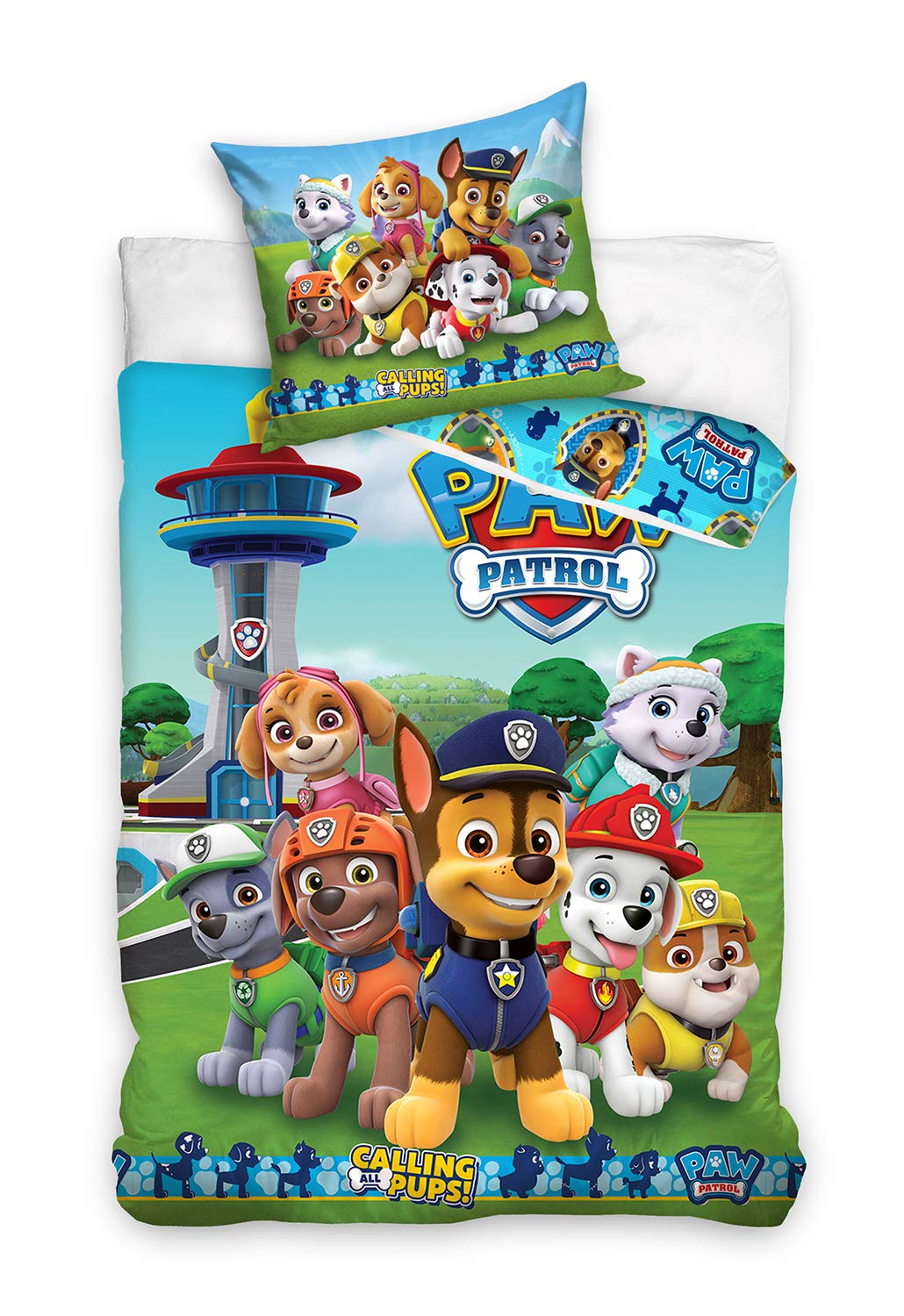 Parure de lit Pat'Patrouille Calling All Pups housse de couette 140x200 cm et taie d'oreiller 65x65 cm