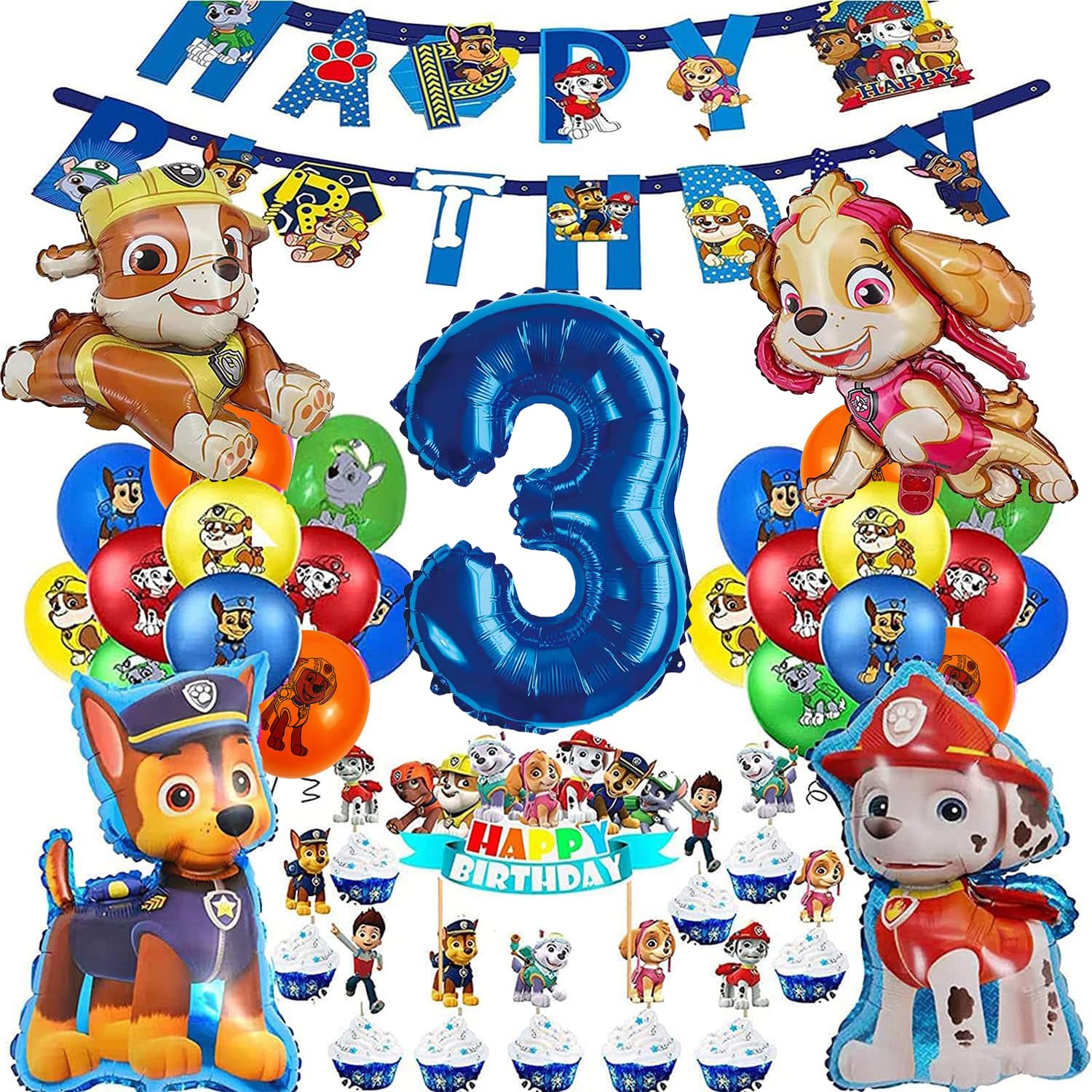 Kit Décoration Anniversaire Pat'Patrouille 3 Ans Garçon Bannière et Cupcake Toppers