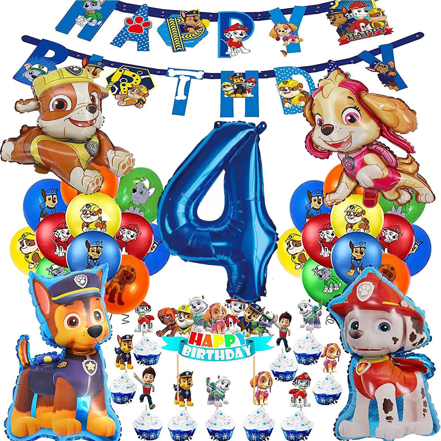 Kit Décoration Anniversaire Pat'Patrouille 4 Ans Garçon Bannière et Cupcake Toppers